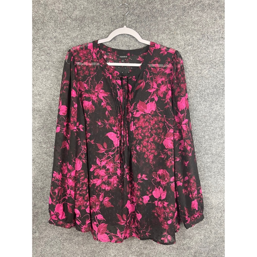 Torrid Floral Bird Print Blouse Womens 1 Black Pink Excellent Clip Dot Chiffon